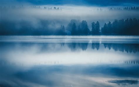 Wallpaper 1400x875 Px Blue Finland Forest Lake Landscape Mist