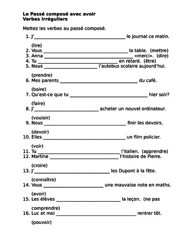 Passé Composé French Irregular Verbs Worksheet 15 By Jer520 Teaching