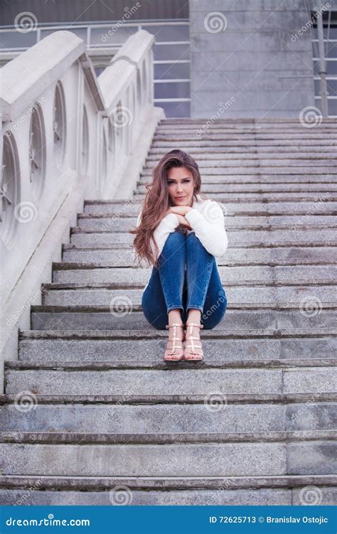 Young Woman Sit On Stairs Stock Image Image Of Caucasian 72625713