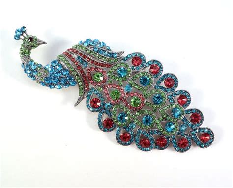 Large Multi Colored Swarovski Crystal Peacock Brooch By Pariscape 34