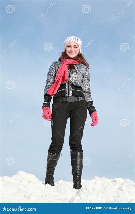 One Girl Stands In Winter On Snow And Smile Stock Image Image Of