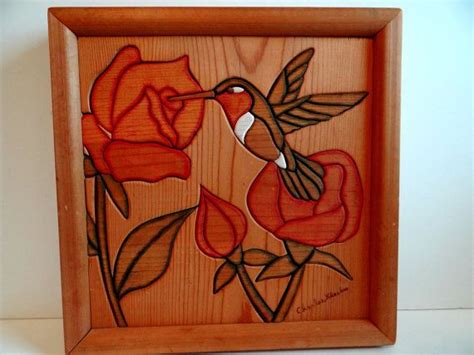 Vintage Handcrafted Wood Mosaic Hummingbird And Roses Art Wall Etsy