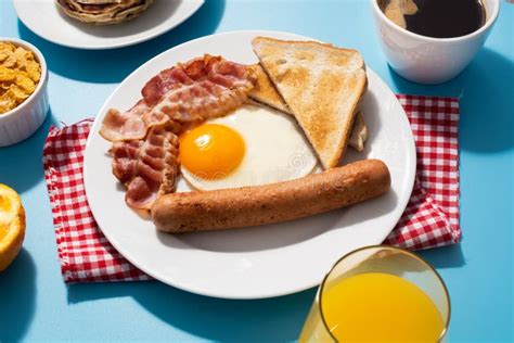Traditional American Breakfast On Blue Background Stock Photo Image