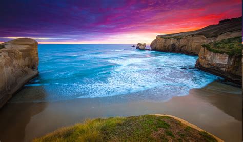 Sunset Cliff Beach Sea Grass Clouds Coast Water Blue Red