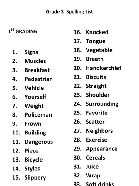 The vocabulary words in these lists will appear in the spelling tests of spellquiz. Grade 3 Spelling List