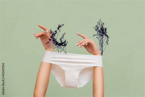 Female S Hands Which Hold Dry Plants Arms Are Wearing White Panties Green Background The