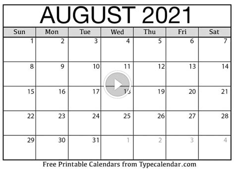 Free Printable August 2021 Calendars