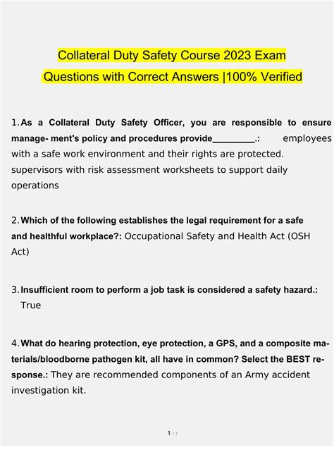 Collateral Duty Safety Course 2023 Exam Questions With Correct Answers