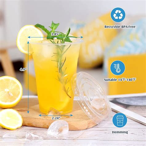 Tashibox Disposable 16 Oz Plastic Cups With Flat Lids 100 Sets Clear