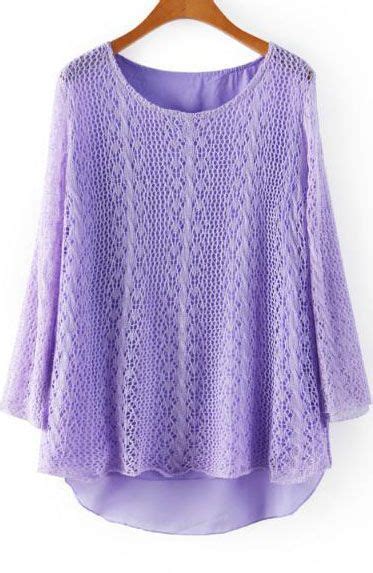 Purple Long Sleeve Hollow Floral Crochet Sweater Round