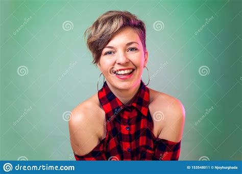 People And Emotions A Portrait Of Happy Young Woman With Short Hair