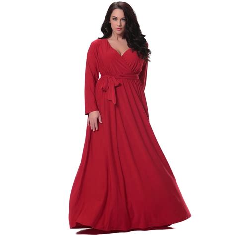 Women Red Long Dress Plus Size 6xl Full Sleeve Deep V Neck Waisted