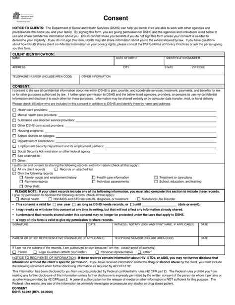 Dshs Form 14 012 Download Printable Pdf Or Fill Online Consent