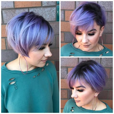 This Undercut Pixie Bob With Side Swept Bangs And Metallic Purple Color With Smokey Shadow Roots