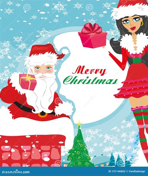 santa claus and beautiful woman stock vector illustration of present houses 131146862