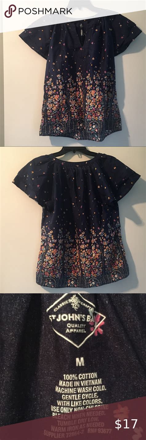 St Johns Bay Blouse Navy Blouse With Multicolor Floral Design Ruffle