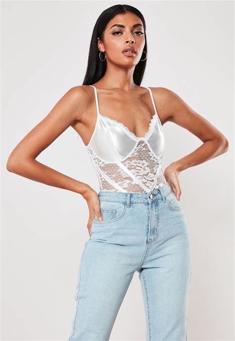 White Lace Satin Cupped Bodysuit Missguided
