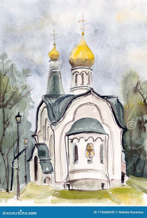 Watercolor Drawing Russian Orthodox Church On A Cloudy Day With Trees