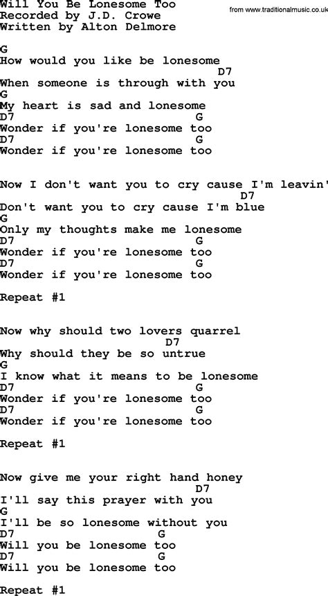 Will You Be Lonesome Too Bluegrass Lyrics With Chords