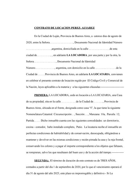 Contrato Locacion Ley 27551 Contrato De Locacion Perez Alvarez En La