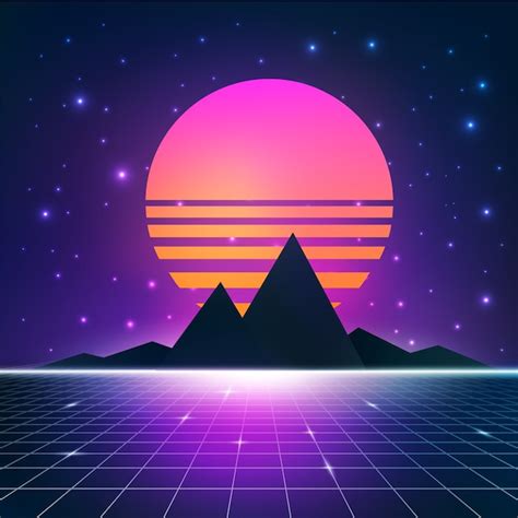 Premium Vector Synthwave Retrowave Illustration With Sun Mountains And Wireframe Net