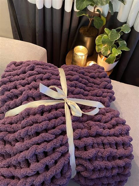Chunky Knit Blanket Purple Plum Chenille Size 55 X54 Etsy