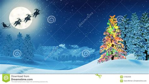 Christmas Tree And Santa In Moonlit Winter Landscape At Night Stock