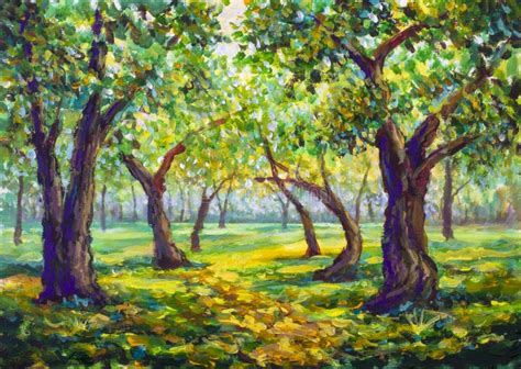 Original Oil Painting On Canvas Wood Park Road Sunny Landscape Modern