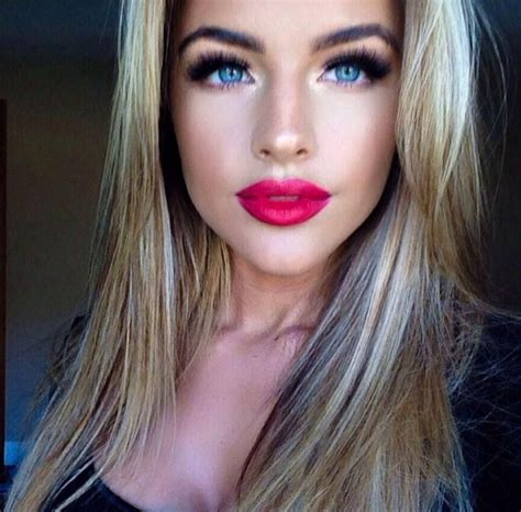 Bright Pink Lipstick Women Thick Lashes Paired With Bright Red Lips Beauty Hair Makeup