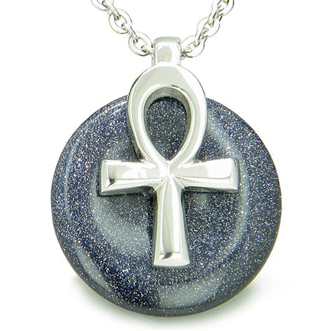 All Powers Of Life Ankh Magic Amulet Blue Goldstone Lucky Donut Pendant
