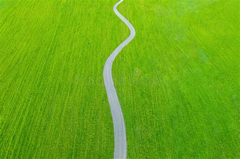 Winding Asphalt Road Over Fields Of Green Grass Aerial Minimalistic