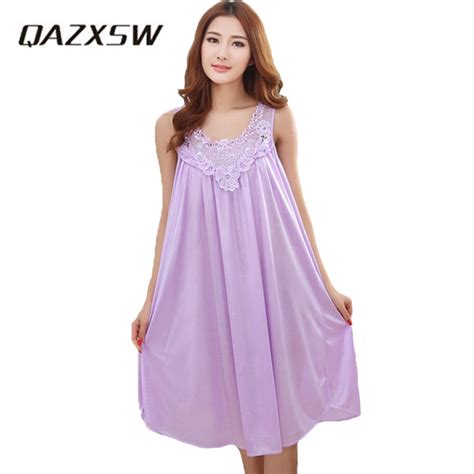 Qazxsw 2018 Summer Imitation Silk Sexy Spaghetti Strap Nightgown Solid