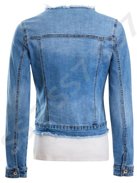 Womens Size 16 12 10 8 14 Stretch Fitted Denim Jacket Frayed Jean Jackets Blue Ebay