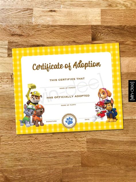 Paw Patrol Puppy Adoption Certificate 5x7 And Etsy