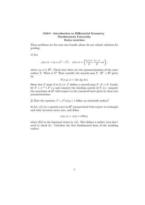342 0 Introduction To Differential Geometry Extra Exercises 4