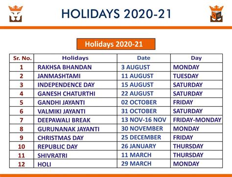 List Of Holidays