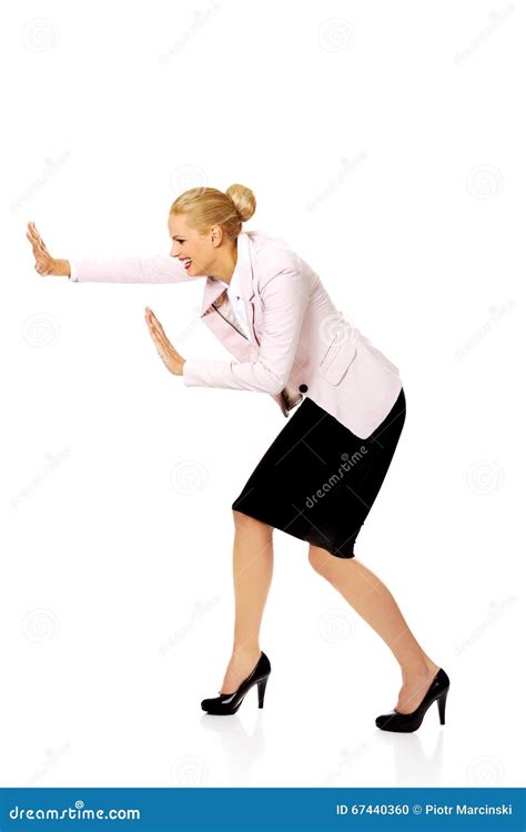 Attractive Business Woman Pushing Something Stock Photo Image Of Hold