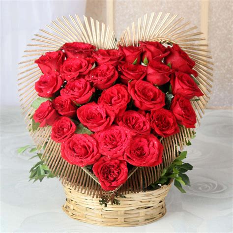 Heart Shaped Basket Of 25 Exotic Red Roses Yo Surprise
