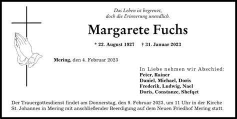Traueranzeigen Von Margarete Fuchs Augsburger Allgemeine Zeitung