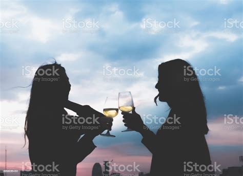 Silhouette Two Asia Lesbian Lgbt Couple Toast Champagne Glass At