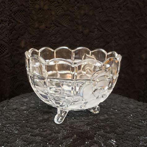 Vintage Crystal Footed Bowl Square Pattern With Frosted Rose Etsy