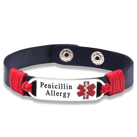 Penicillin Allergy Medical Id Tag Adjustable Leather Bracelet Medical