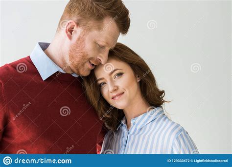 Portrait Of Beautiful Happy Redhead Couple Standing Together Stock