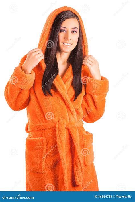 Cute Brunette In An Orange Bathrobe Stock Photo Image Of Girl Bathroom