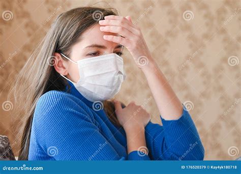 Headache Sick Woman With Mask Stock Image Image Of Coronavirus