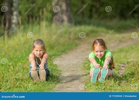 zwei kleine mädchen gehen für den griff auf der grünen gasse nave stockbild bild von gras