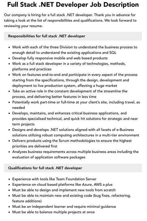 Full Stack Net Developer Job Description Velvet Jobs