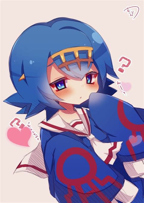 An Anime Character With Blue Hair And Red Eyes Wearing A Blue Outfit That Has Hearts On It
