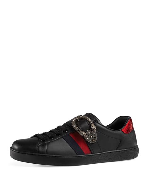 Gucci Mens New Ace Leather Low Top Sneakers With Dionysus Buckle