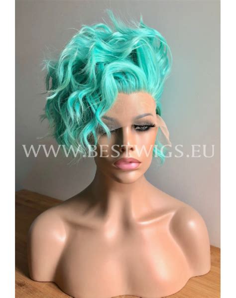 Synthetic Lace Front Wig Wavy Aqua Green Short Hair